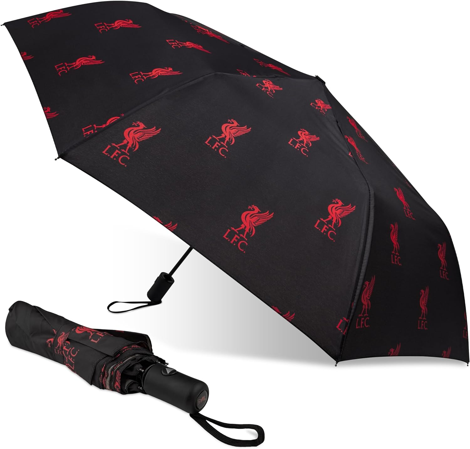 Liverpool FC Umbrella for Adults and Teens - Compact Folding Telescopic Umbrella Lightweight - Liverpool Gifts for Him, Black