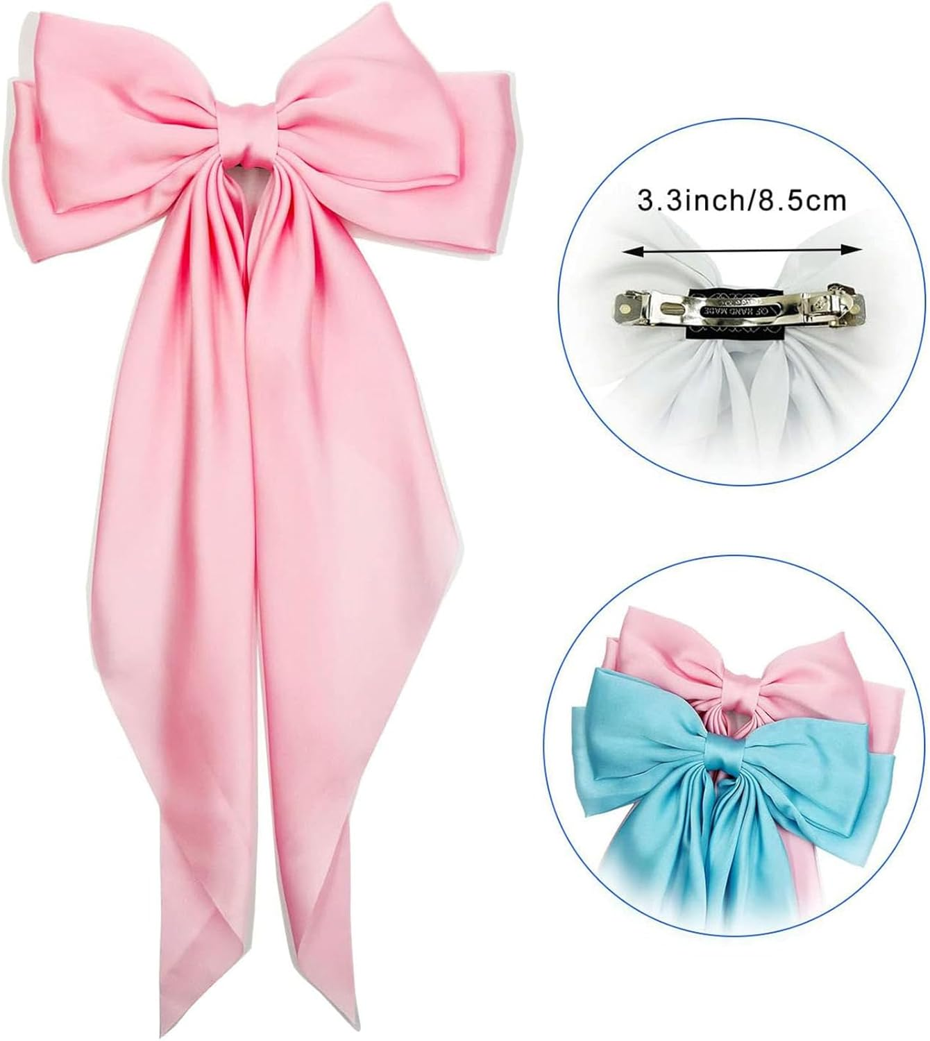 Bow Hair Clips Solid Color Bow French Automatic Hair Clip with Long Silky Satin Tail Large Bows for Simple Women Girls Barrettes Hair Fastener Accessorie (White-Dark Blue, 2) - Dark Green-Dark Blue image number 4