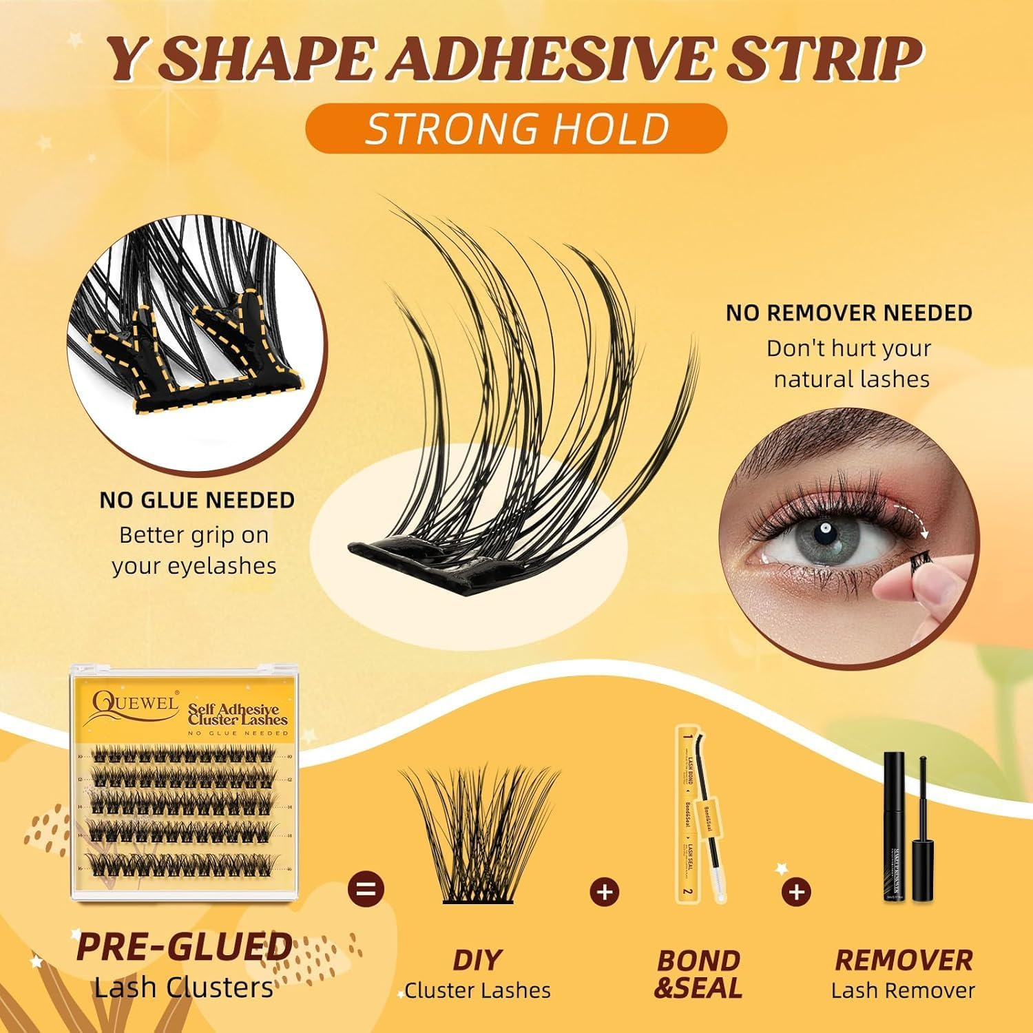 QUEWEL Self Adhesive Eyelashes, Press on Lashes Pre Glued Eyelash Clusters Self Stick Cluster Lashes No Glue No Remover Needed DIY Lash Extension Kit for Beginners (MJ01-DH) - Mj01-Dh-Zzjm image number 5