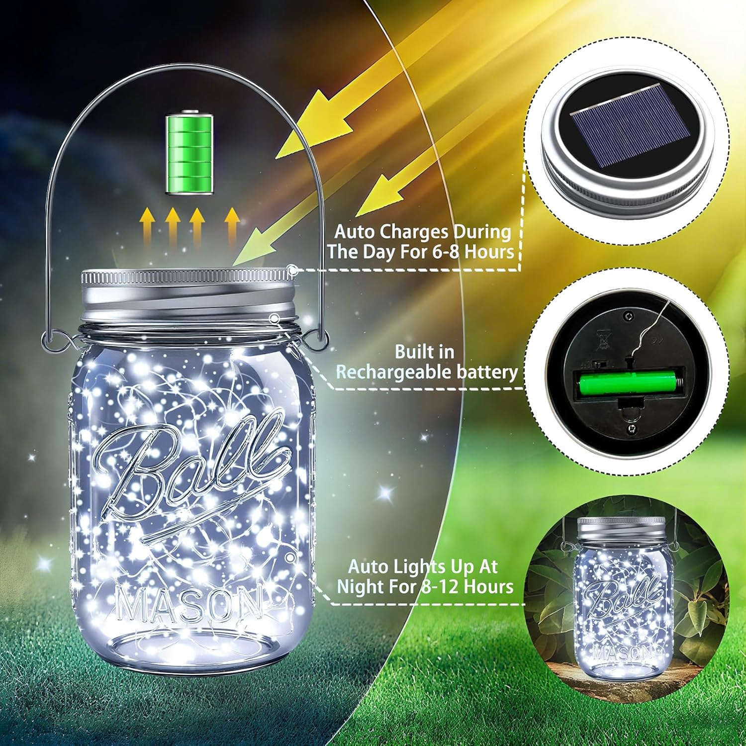 Solar Mason Jar Lights, 12 Pack 30 Led String Fairy Star Firefly Jar Lids Lights, (Jars Not Included), Best for Mason Jar Decor,Great Outdoor Lawn Decor for Patio Garden, Yard and Lawn. - Warm White image number 2