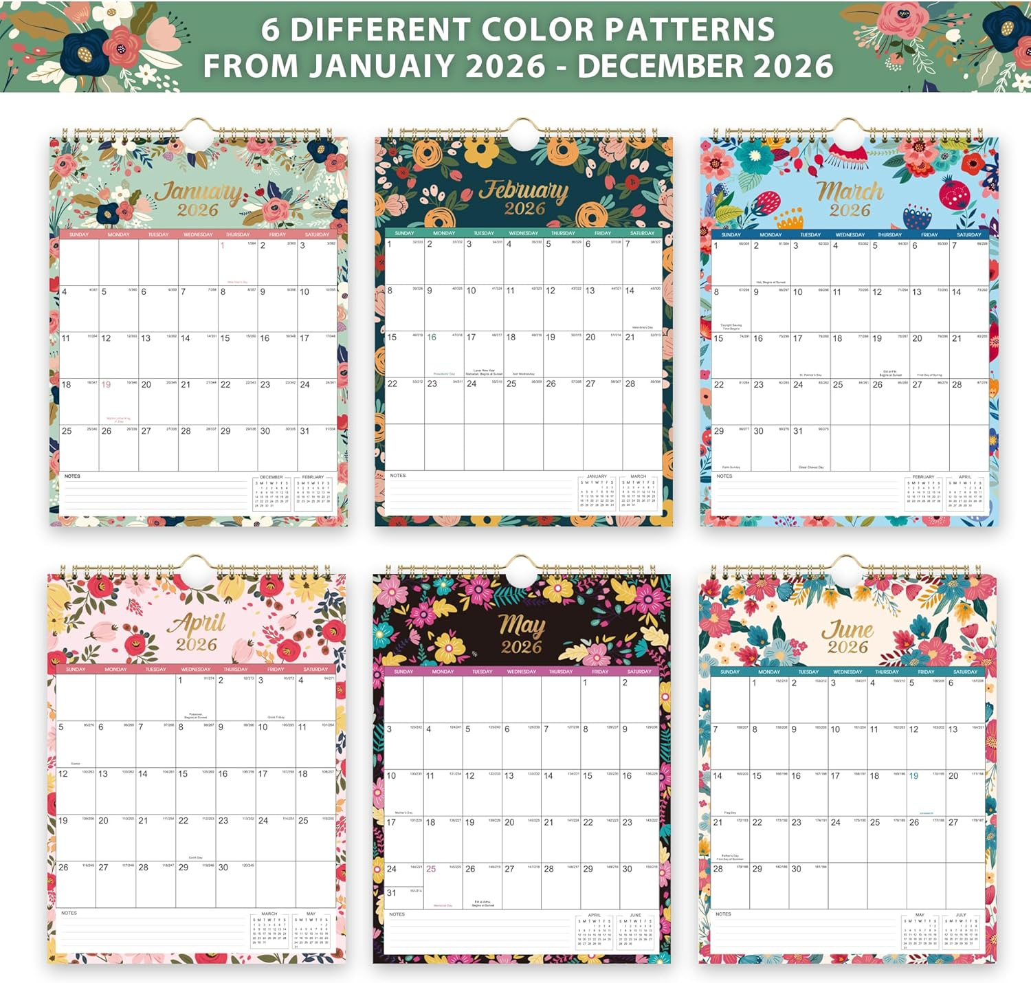 2026 Calendar - JUL 2025 - DEC 2026 Wall Calendar, 18 Month Wall Calendar 2026, 8.5" X 11", Twin-Wire Binding + Hanging Hook + Large Blocks with Julian Dates, Perfect Calendar for Organizing - Floral image number 3