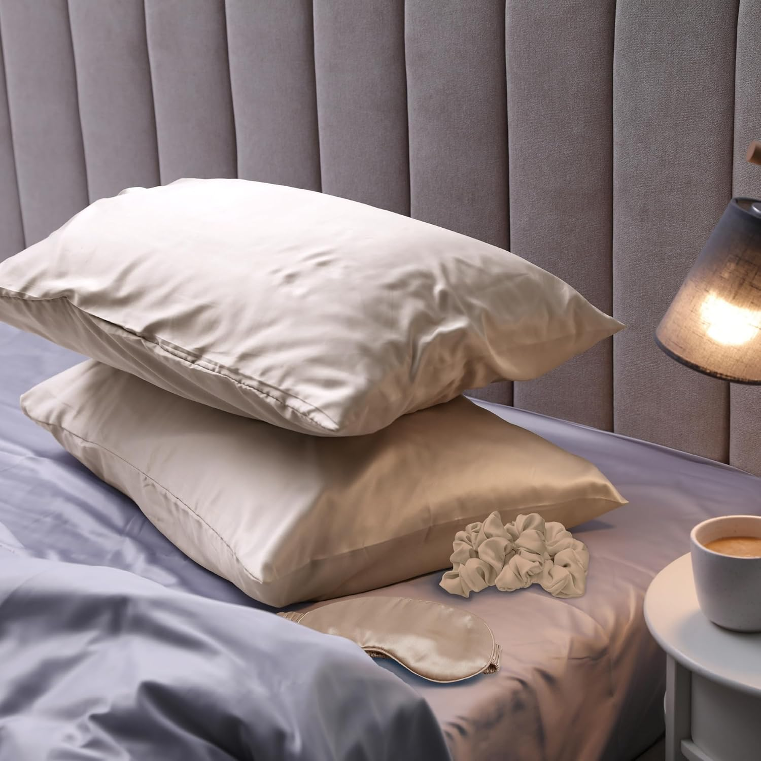 Cathay Home Satin Bedding Accessories Set &ndash; Pillowcases, Eyemask, Scrunchies &ndash; Silky Smooth &ndash; Wrinkle & Fade Resistant (Standard, Cream)