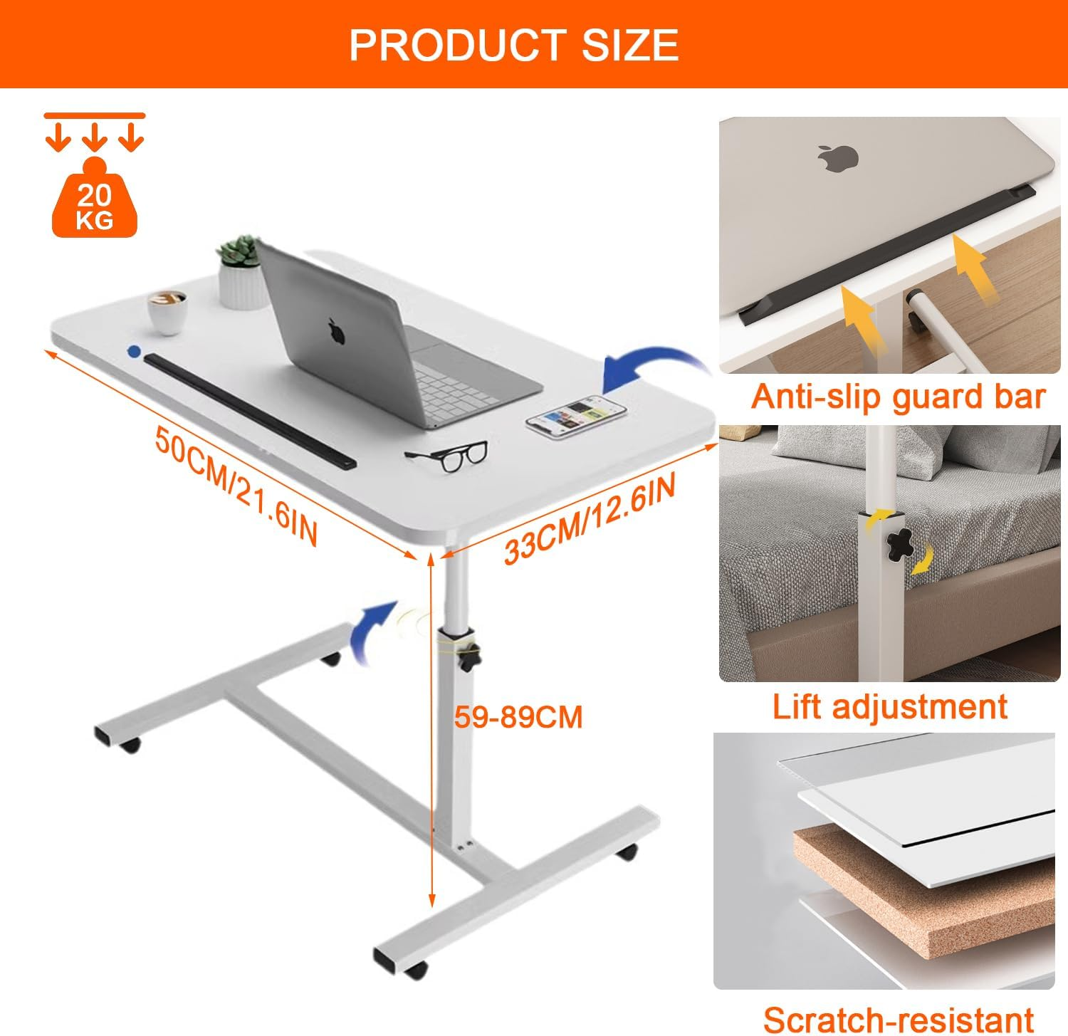 Mobile Overbed with Wheels, Height Adjustable Laptop Table with Shelf, Portable Home Office Desk Mobile Laptop Computer Standing Desk Cart with Tray for Work Study Reading image number 1