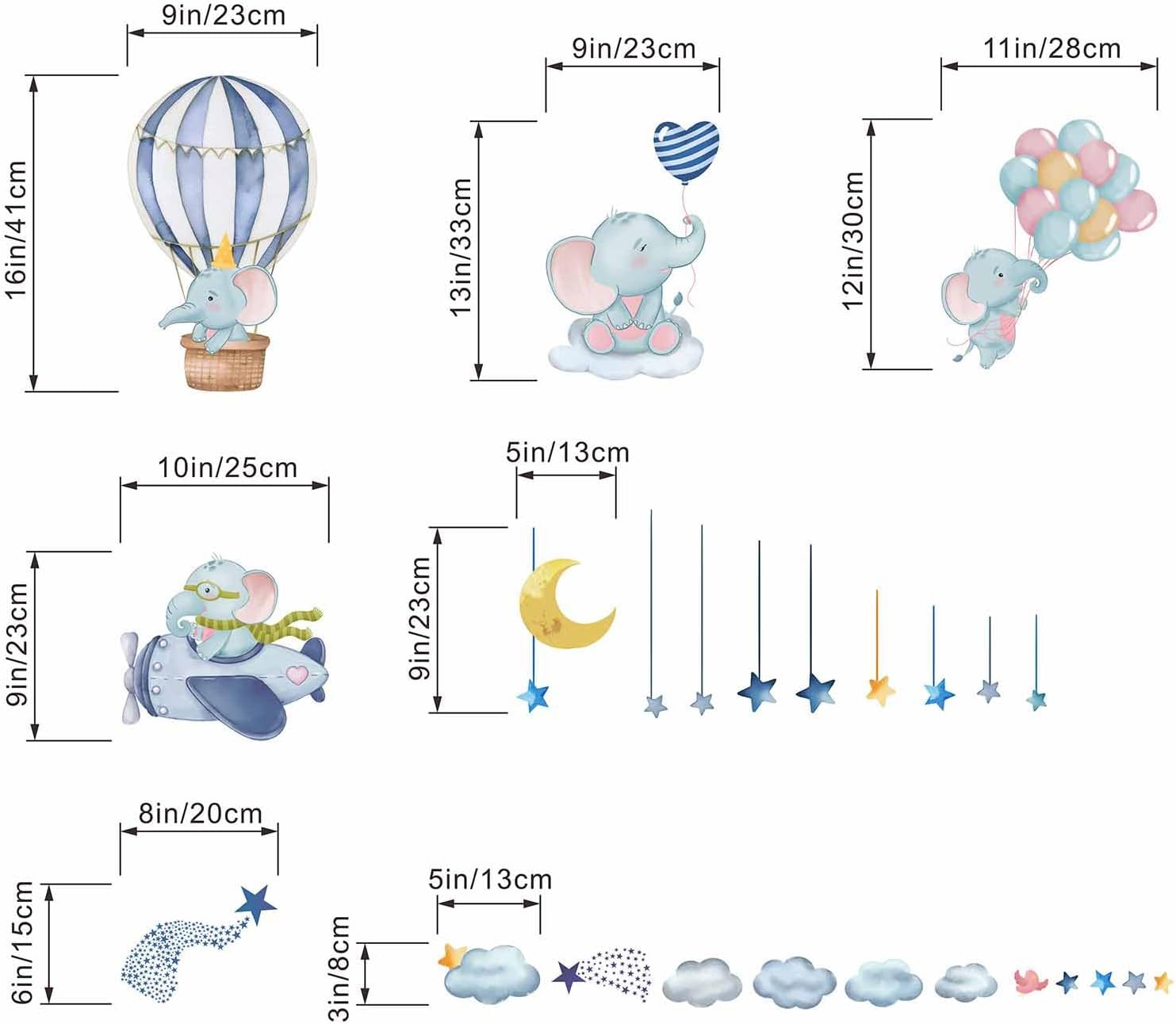 Hot Air Balloon Elephant Wall Stickers - Airplane Animals Wall Decals - Girls Bedroom Baby Nursery Kids Room Wall Decor image number 1