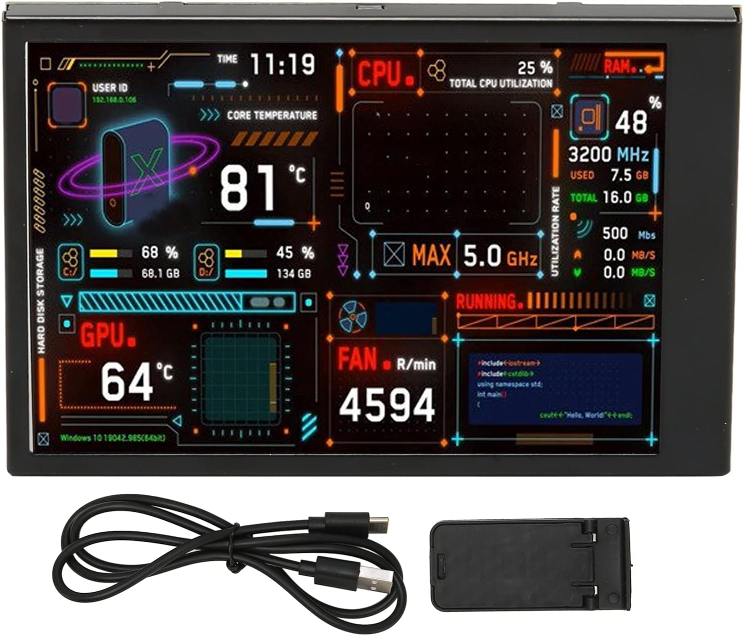 Computer Temperature Monitor, 3.5 Inch Display, Data Display, USB C Interface, Customizable Layout, Brightness Adjustment, Black, for System image number 6