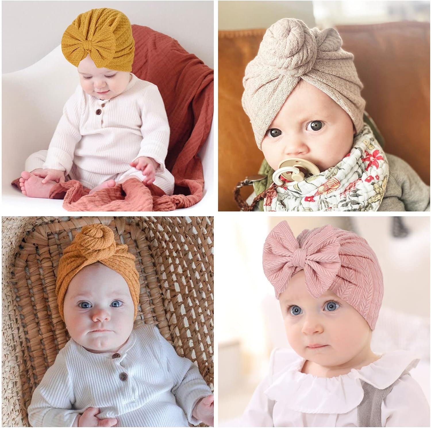 SEAUR Newborn Baby Girls' Turban Hats Cotton Bow Beanie Spring Toddlers Kids Headwraps Infant Caps 6 Pack Type-01 image number 2