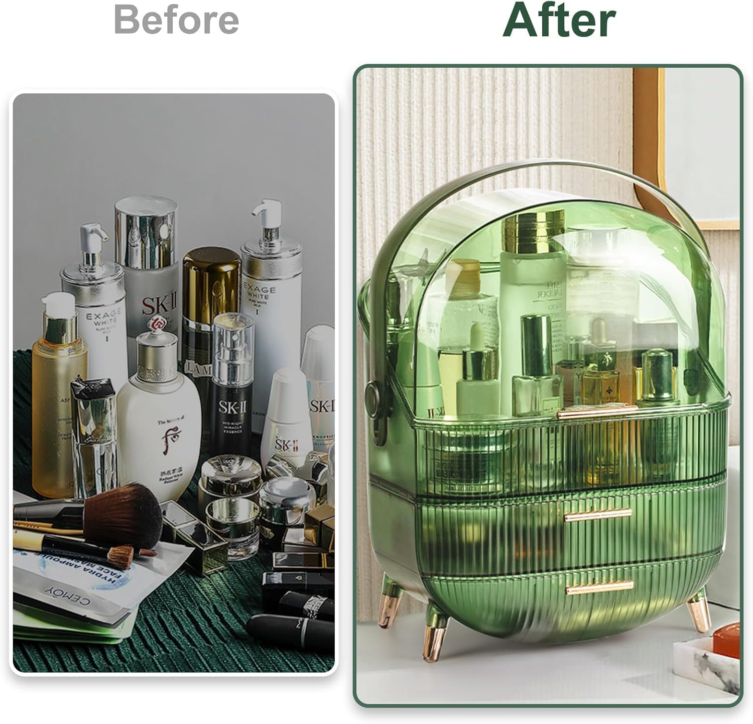 Makeup Organiser Storage Box, Cosmetics Display Case with Cover, Dust Proof Waterproof Cosmetics Storage Box Suitable for Bathroom Countertop and Bedroom Vanity Dresser (Retro Green) image number 6