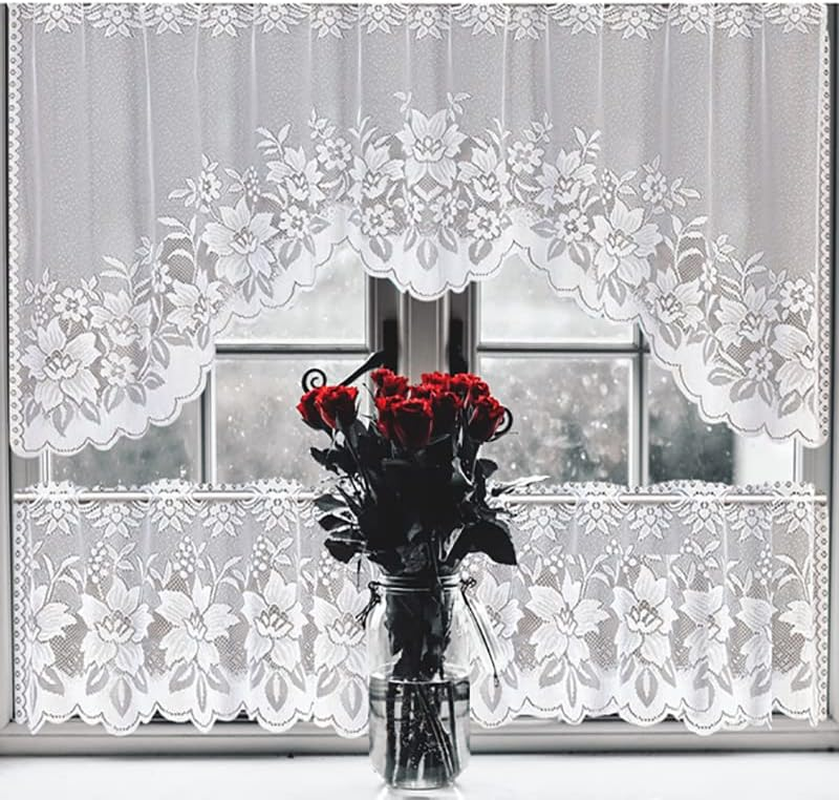 AIMALL 2PCS White Lace Kitchen Cafe Curtain Set Sheer Window Drapes with Scalloped Edge Elegant Home Decor 160Cm Wide Rod Pocket Panels for Living Room Bedroom Dining Room image number 5