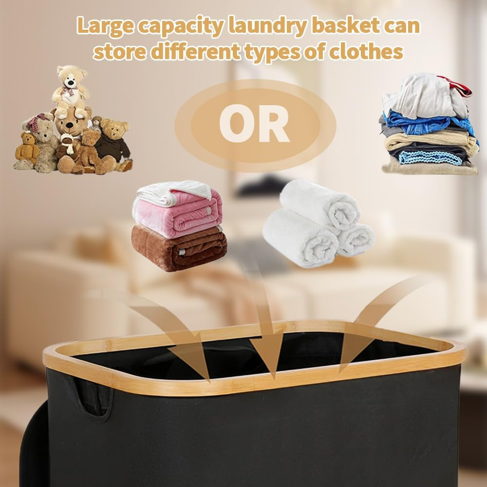 TOMVAES Laundry Hamper with Lid,Divided Folding Bamboo & Oxford Cloth Laundry Hamper,Modern Collapsible Hamper,Waterproof Liner, Great for Adults, Bathroom, Living Room image number 1