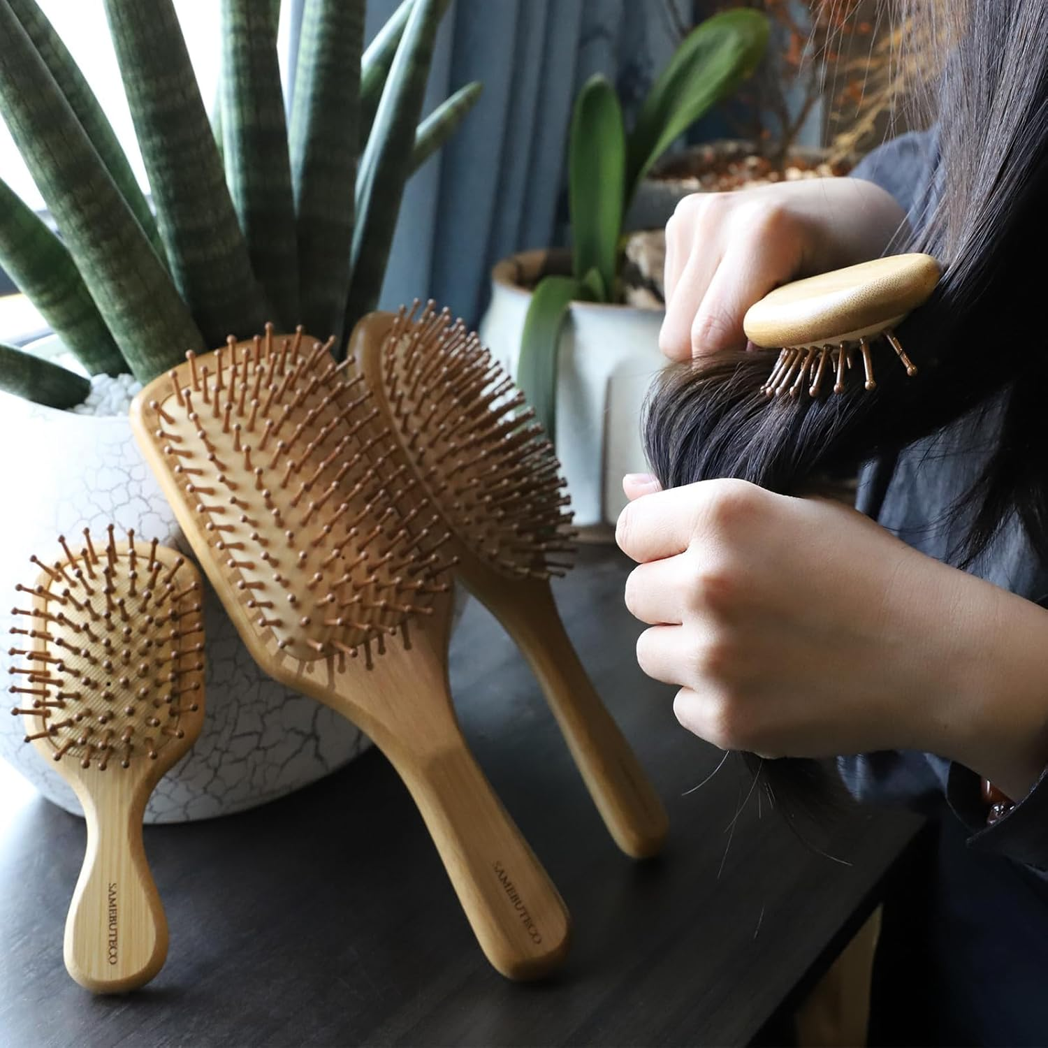 SAMEBUTECO Hair Brush Set Natural Bamboo Bristles Paddle Detangling Brushes for Thick, Thin, Curly, and Dry Hair Wooden Hair Message Brushes(4 Packs) image number 5