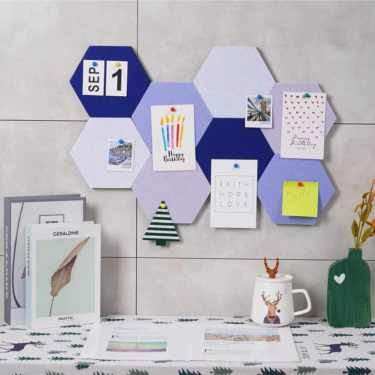 8Pcs Hexagon Felt Cork Board, Felt Wall Stickers Soundproofing Panels, Board for Wall Decor Photos Display, Self Adhesive DIY Bulletin Board Pin Board for Office School Home Wall Decor (Blue Series) image number 4