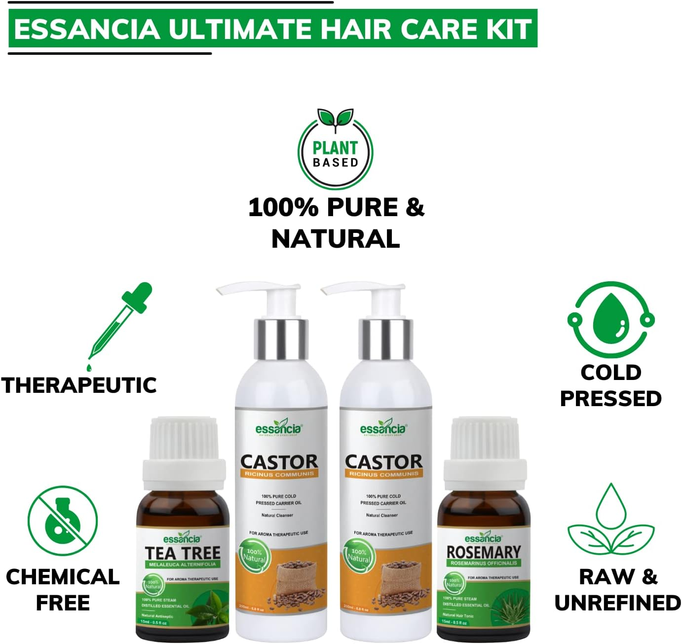 Essancia Hair Oils Combo/Hair Care Kit (Castor Oil + Coconut Oil + Tea Tree Oil + Rosemary Oil) Controls Hair Fall - Promotes Healthy Hair Growth image number 6
