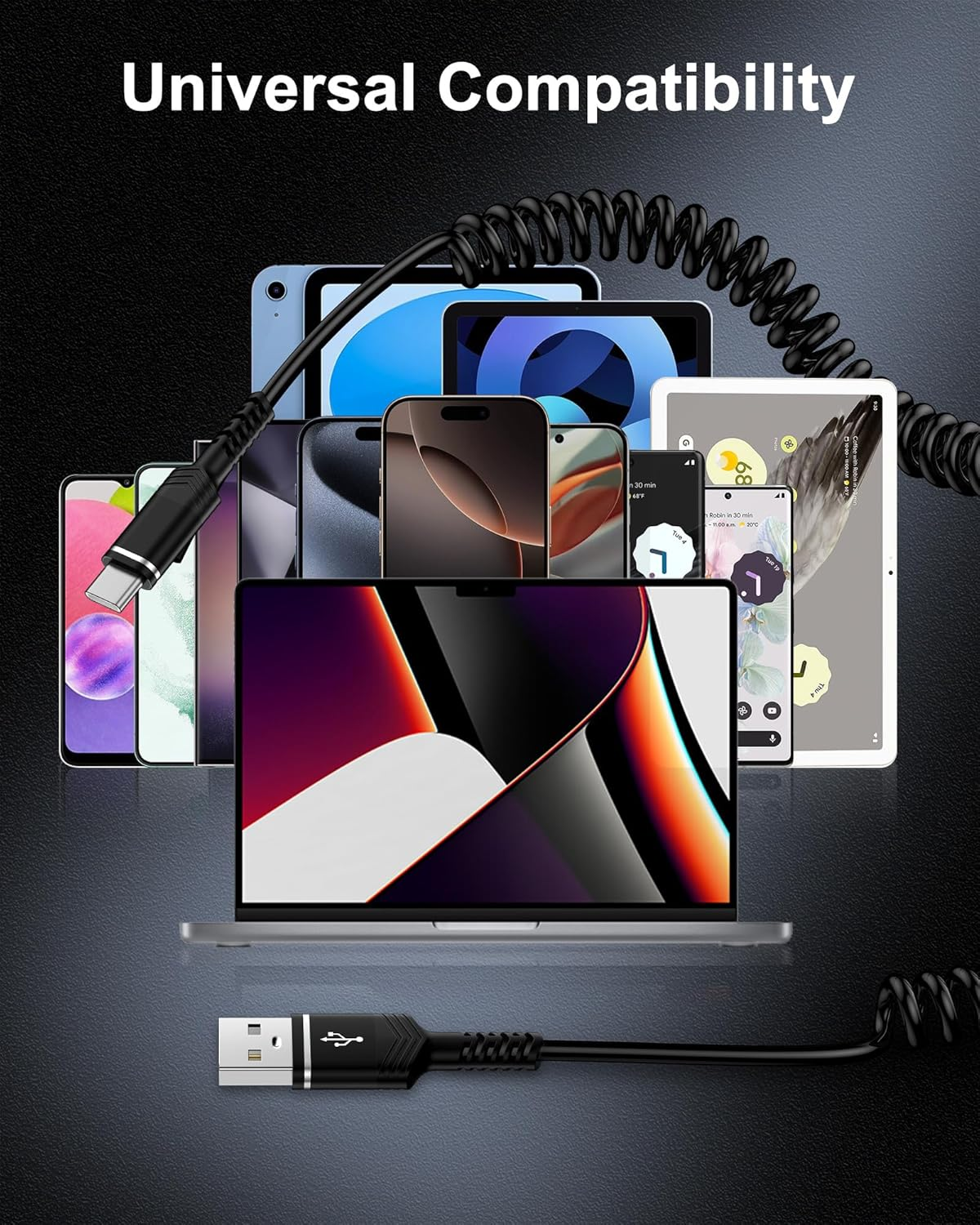 USB to USB C Cable Coiled Auto Wire, Type C Car Phone Charger Fast Charging Cord for Iphone 16E 15 Pro Max/16 Pro/16 Plus/Galaxy/Pixel, Retractable USB-C Power Line for Apple Carplay & Android Auto image number 5