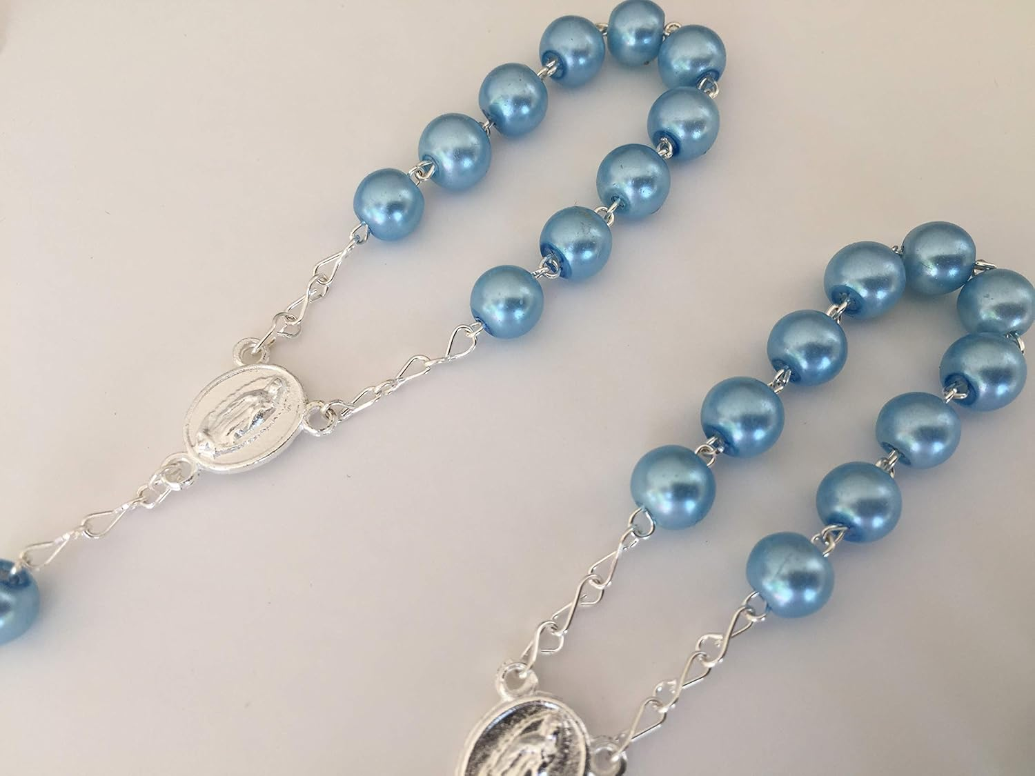 25 Pc Baptism Favors Baby Blue Crystal Pearls Silver Plated Mini Rosaries/Recuerdos De Bautismo/Christening Favors/Decenarios/Recuerdos De Bautizo Perlas Azul Cielo, Glass image number 1