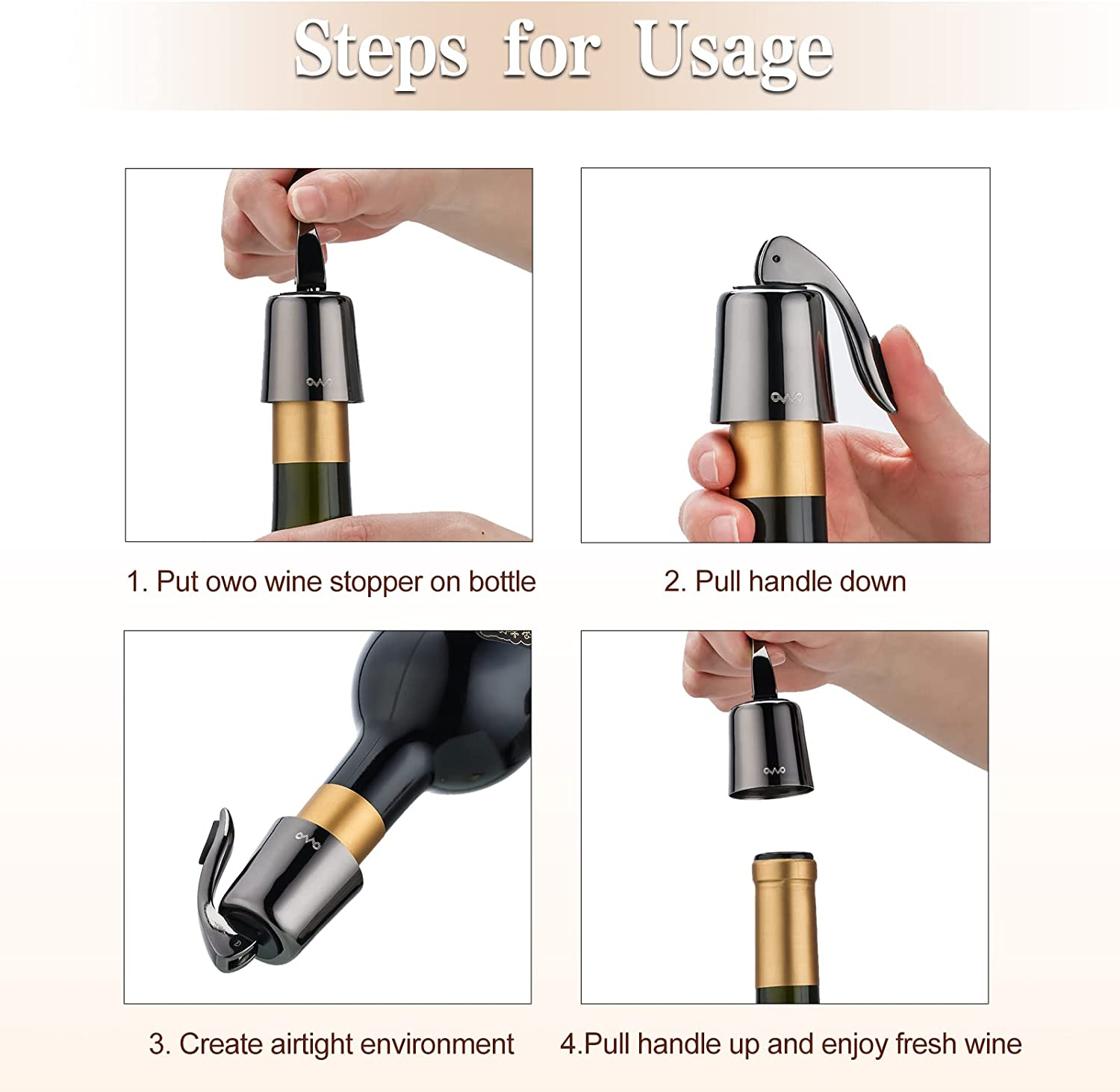 OWO Stainless Steel Wine Bottle Stopper, Reusable Wine Saver with Silicone Seal, Decorative Bottle Sealer, Keeps Fresh (Metal Black, 2 Pack) image number 2