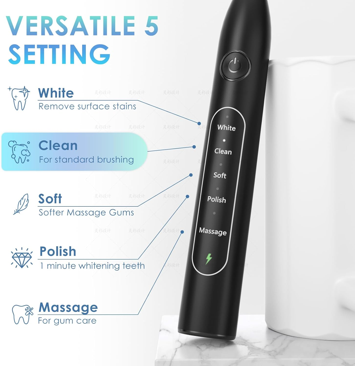 Electric Toothbrush for Adults, Included for Free with 8 Replacement Brush Heads, Travel Bag- 5 Cleaning Modes, IPX7 Waterproof,Rechargeable, with Smart Timer,Black Whitening Powered Toothbrush Set image number 5