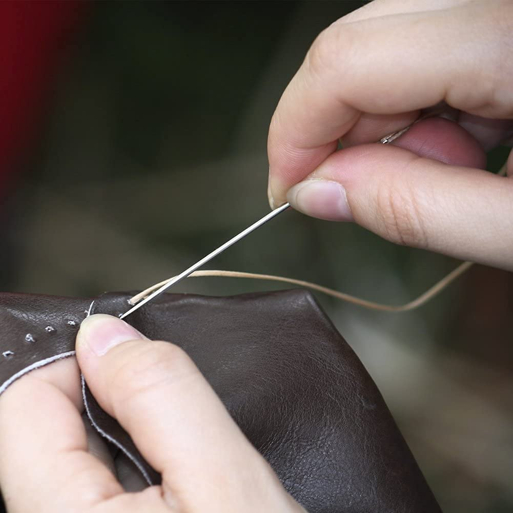 4Pcs 260 Meter 0.8Mm 150D Flat Leather Waxed Thread Cord Craft with 1 Set (7Pcs) Curved Upholstery Sewing Needles Leather Waxed Thread Drilling Awl Thimble (White+Dark Brown+Beige+Black) image number 3