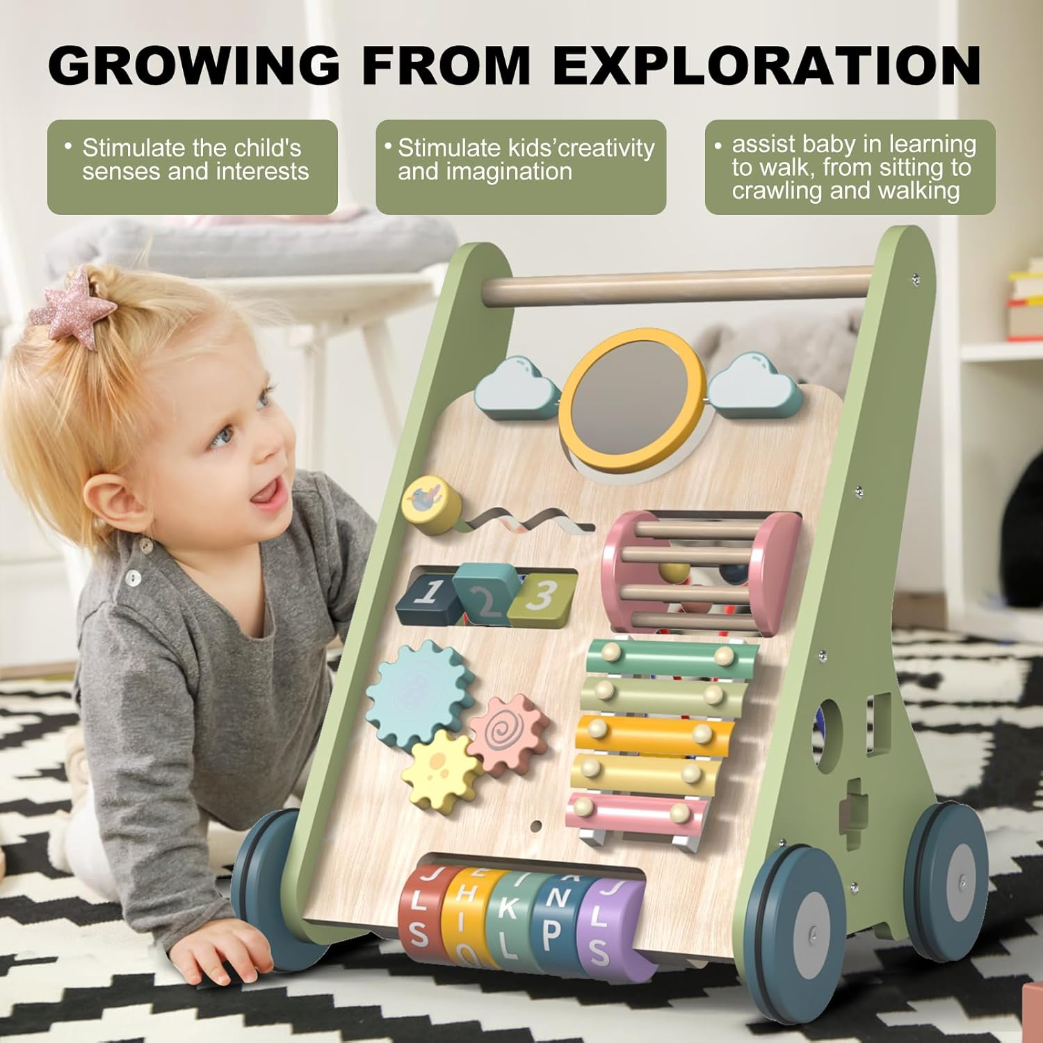 Wooden Baby Walker Wheels,Baby Push Walker for Babies 6-12 Months Montessori,Toddler Push Toy Wooden Activity Walker for Baby Boy,Walking Toys for 1 Year Old Learning to Walk Girl Christmas image number 5