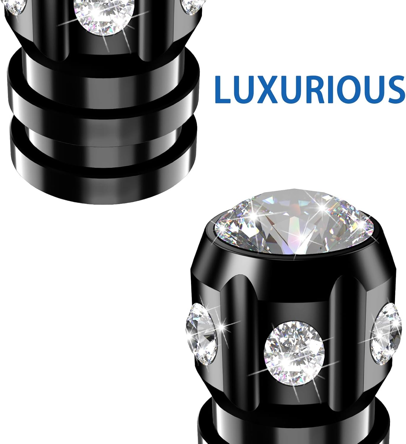 QUARKACE Tire Valve Caps, Bling Valve Stem Caps with Sparkly Rhinestones, Tire Caps 4 Pack for Cars Suvs Trucks Motorcycles Bikes, Anti-Fading Coating, Corrosion Resistant, Air Leakproof - Black image number 1