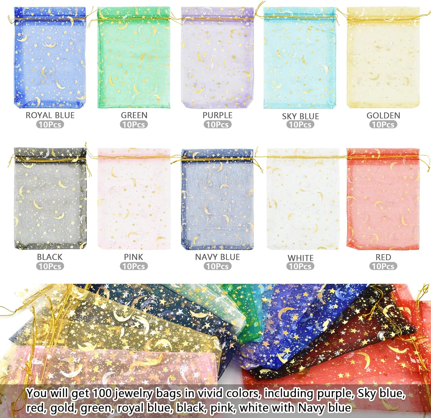 100PCS 5X7" Organza Gift Bags 10 Color Wedding Favor Bags Jewelry Gift Bags Candy with Drawstring for Party, Jewelry, Christmas, Festival, Makeup Organza Favor Bags (Moon Star) image number 1