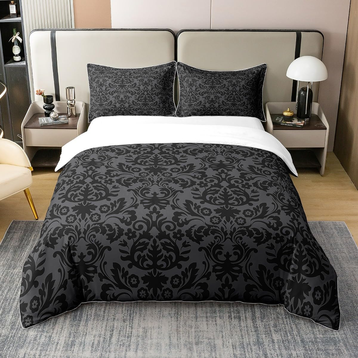 100% Cotton Adult Black Damask Bed Linen Set Antique Victorian Baroque Duvet Cover 220 X 240 Cm Gothic Vintage Floral Comforter Cover Bohemian Exotic Breathable Duvet Cover