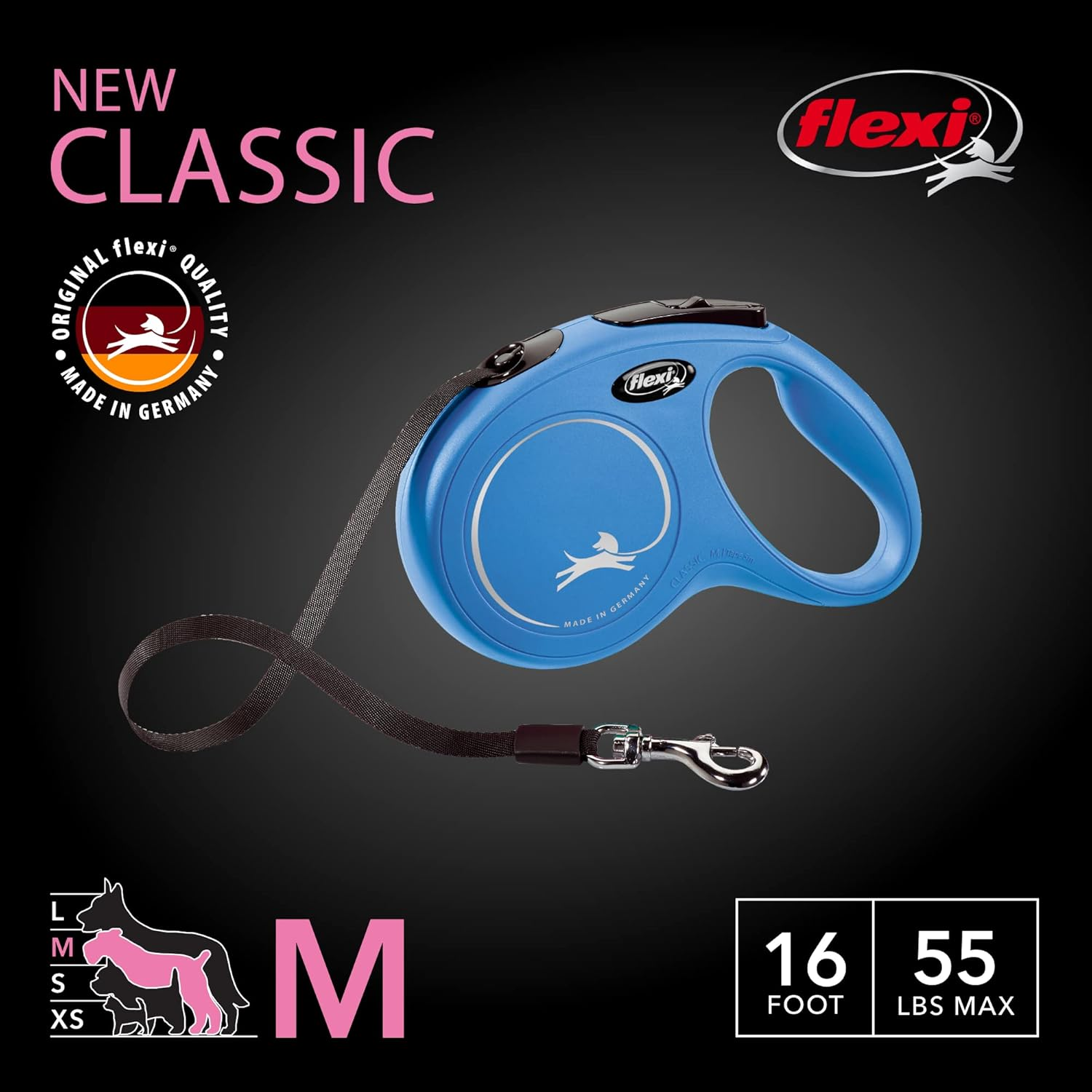FLEXI New Classic Tape Retractable Dog Leash for Medium Dogs Upto 55 Lbs. &ndash; 16 Ft., Blue | Tangle Free Pet Walking Leash with One-Handed Brake, Pause, Lock|German Quality Product image number 3