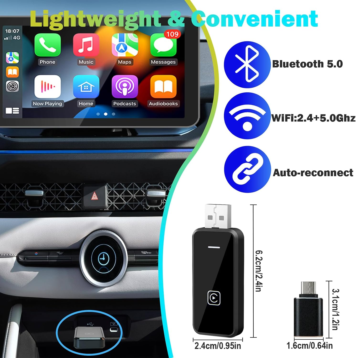 SZMDLX Wireless Carplay Adapter Dongle for Iphone and Android Auto, Plug & Play, 2In1 USB Wire to Wireless Adapter Compatible with Iphone 6/6+ Ios10/10+ Android 11/11+ & 2016+ Cars