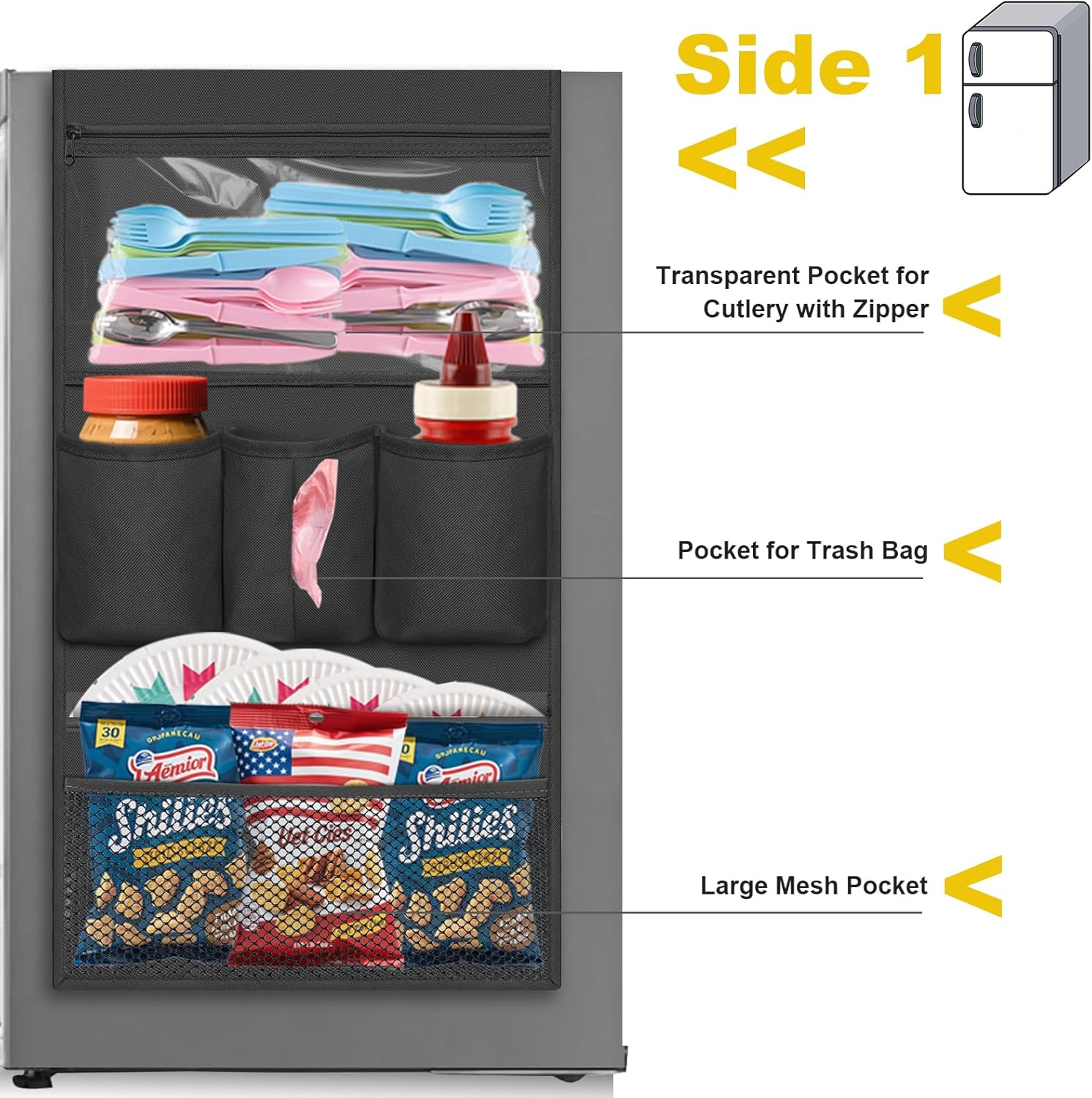 Mini Fridge Organizer, over the Fridge Storage Organizer with 14 Pockets, College Dorm Fridge Storage for Office, Kitchen, Home, School, Black