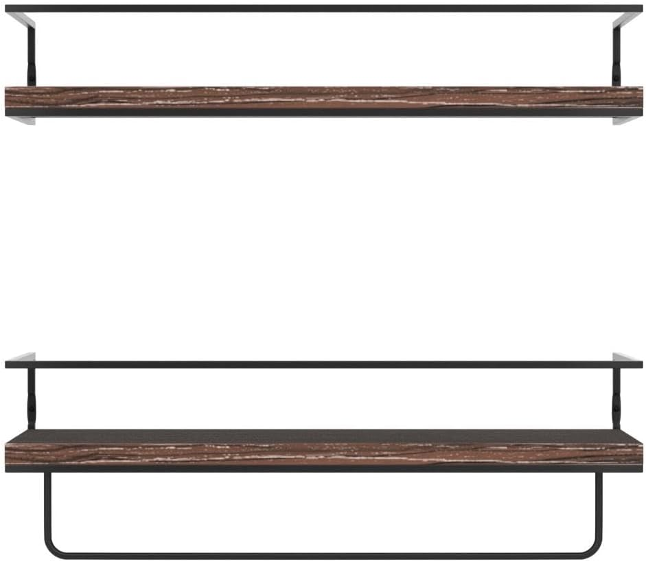 Shario Rustic Wood Floating Shelves - Set of 2, Wall Mounted Hanging Shelves with Black Towel Rack, Decorative Storage Shelves for Bathroom, Kitchen, Living Room & Bedroom (Dark Carbonized Brown) - Dark Brown image number 4
