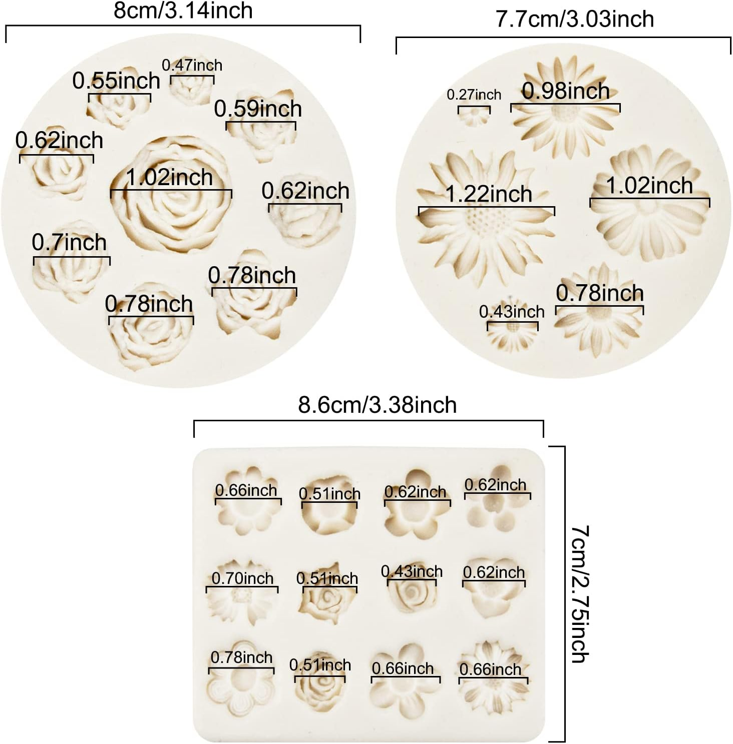 3 Pcs Flower Molds Flower Silicone Mold Flowers Fondant Mold Set Cake Baking Mold Sugarcraft Candy Chocolate Molds Polymer Clay Mold for DIY Soap Jewelry Casting DIY Crafting Projects image number 6