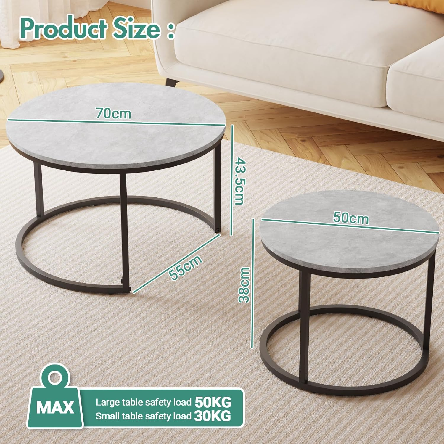 Round Coffee Table, Modern Marble Effect Nesting Table Set of 2 with Metal Frame for Living Room Balcony and Small Space image number 5