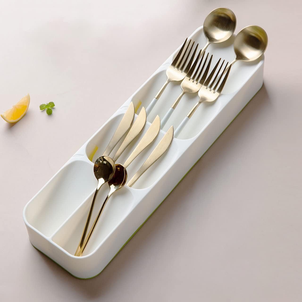 Compact Small Cutlery Tray Organiser, Utensil Holder for Drawers, Kitchen Silverware Drawer Organizer Divider for Spoons Forks & Short Knives, White Green image number 6