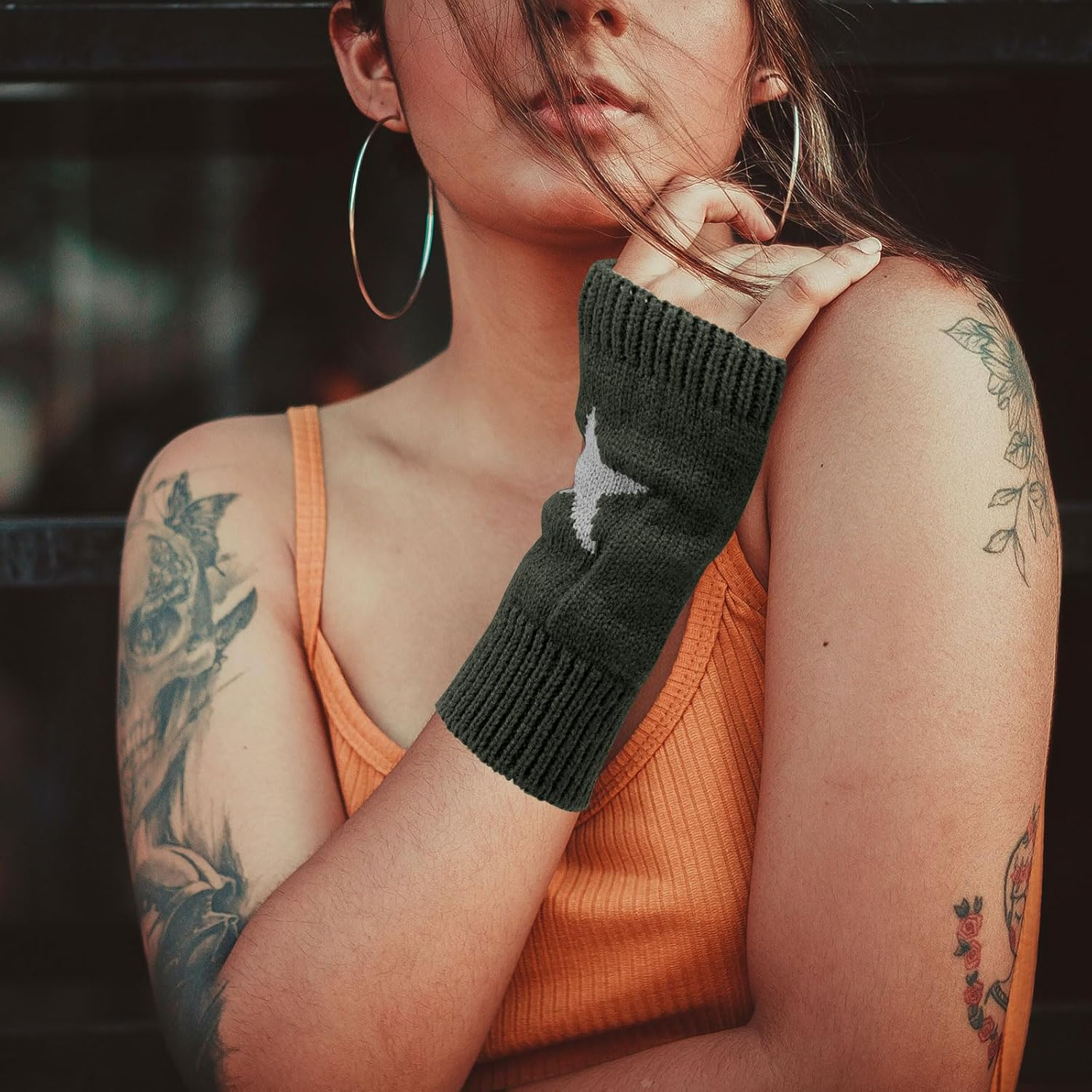 YAMEIZE Fingerless Star Printed Knitted Gloves - Wrist Warmers Mittens Knitted Gloves for Women Men Typing - Coffee image number 5