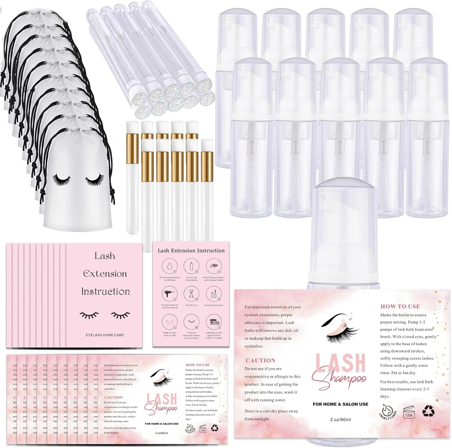 60PCS Lash Shampoo Bottles and Brushes Set, 10Pcs Foam Pump Dispenser, Lash Cleaning Brush, Eyelash Extension Tube Brush, Instructions Cards, Bags, Lash Shampoo Stickers for Business Clients (B-White) image number 2
