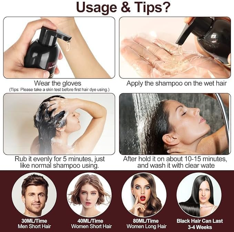 Hair Dye Shampoo 3 in 1, 500ML Instant Hair Color Shampoo for Grey Hair Coverage, Hair Colour Shampoo - Long Lasting - Black Hair Dye Cororing in Minutes for Men Women(Black, 500ML) - Dark Brown image number 6