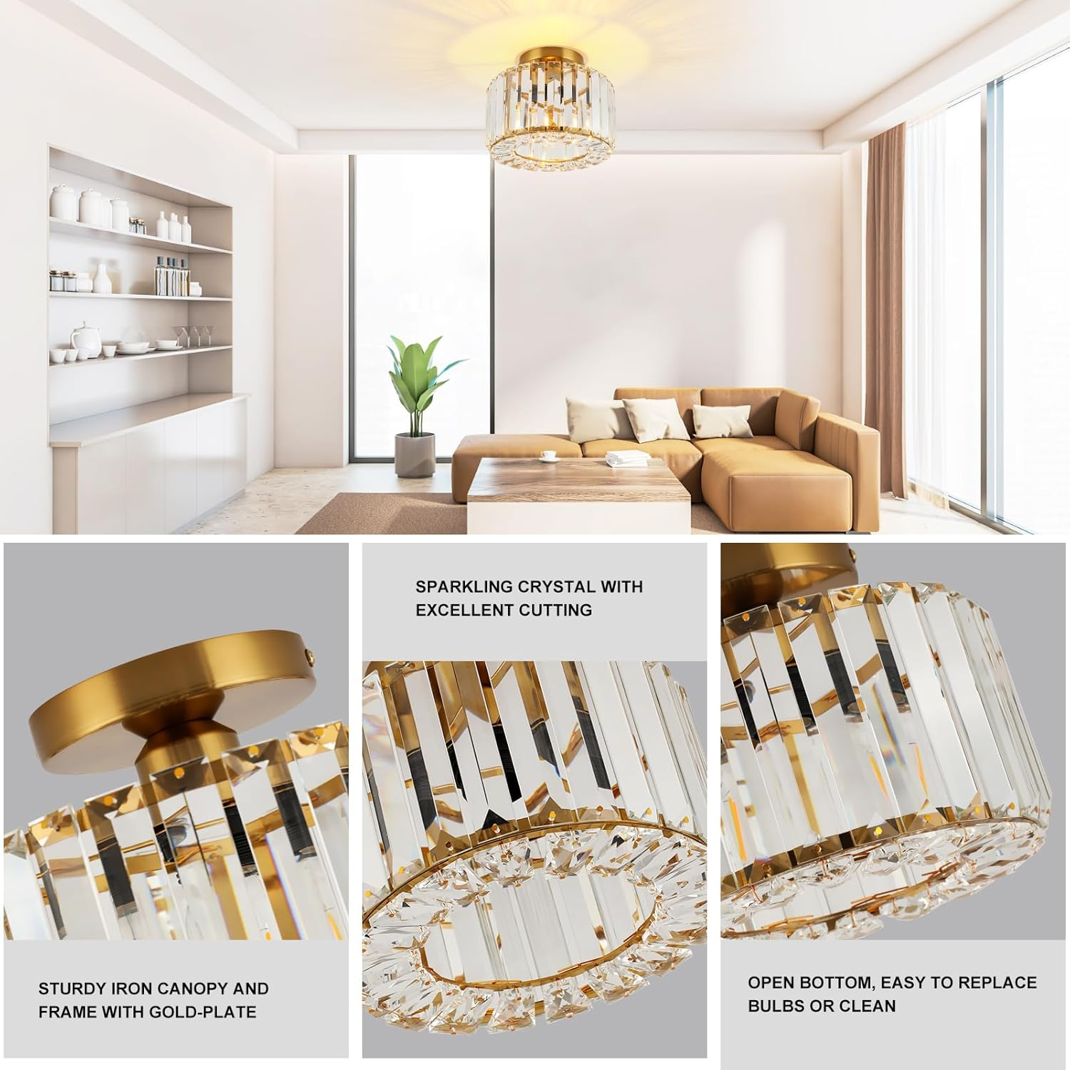 FORCOSO Crystal Ceiling Light Diameter 23 Cm, Chandelier Gold with Metal Frame Lampshade, Base E27 Ceiling Light, Modern Lamp for Bedroom, Living Room, Hallway, Kitchen, Dining Room