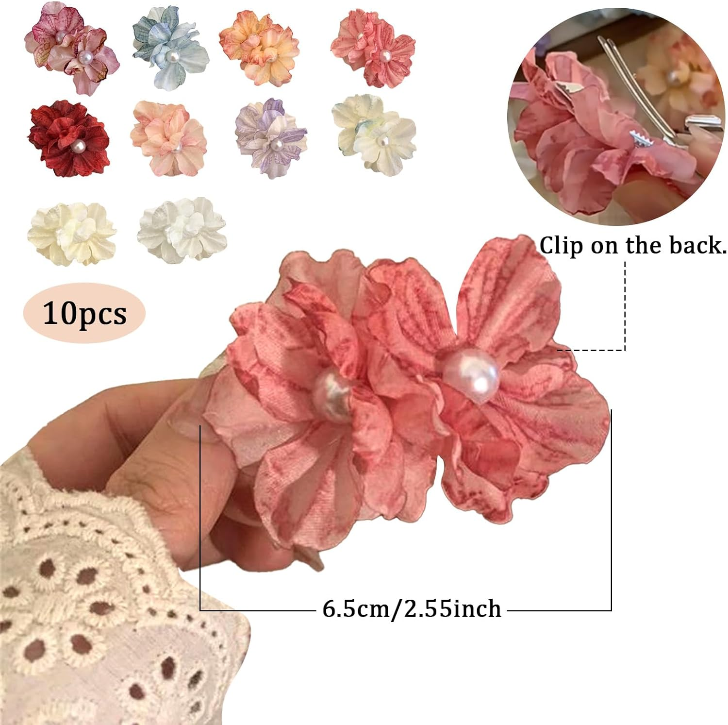 BSITSSS 10 Pieces Flower Hair Clips, Colorful Peony Pearls Hairpin, Artificial Flower Hair Pins for Women Girls Summer Hawaiian Beach Wedding Hairs Accessories