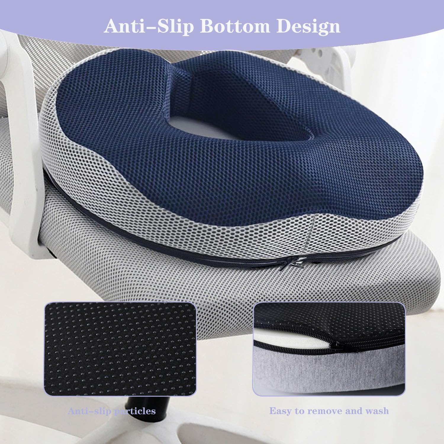 Seat Cushion, Ergonomic Donut Cushion for Office and Car Chair, Sciatica Pain Relief, Memory Foam Seat Cushion with Washable Cover, Lumbar Support Cushion for Long Sitting (Blue) - Blue image number 3