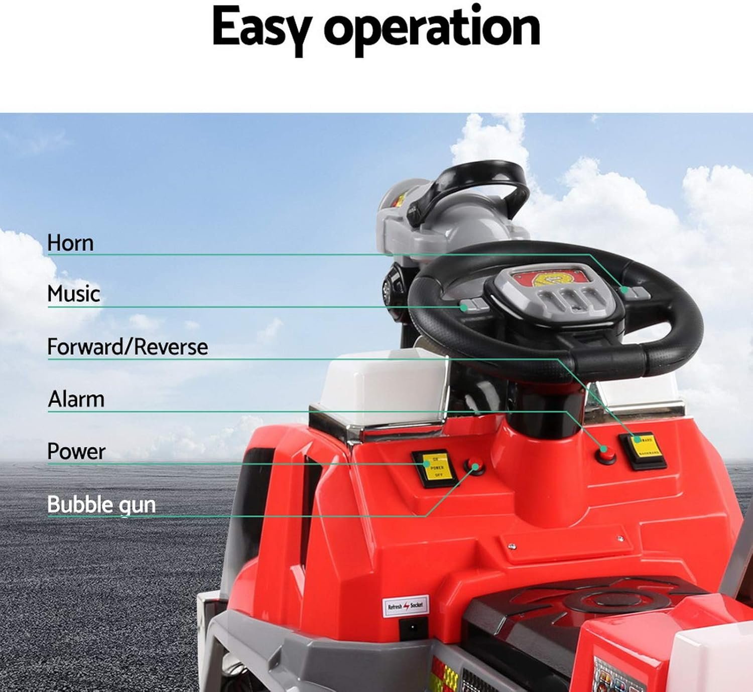 Rigo Kids Ride on Car Firetruck, Bubble Guns Flashing Lights with Music 6V Battery 20Kg Capacity Electric Cars for Toddlers Baby Walkers Little Tikes Rides Kid Toy Red image number 2