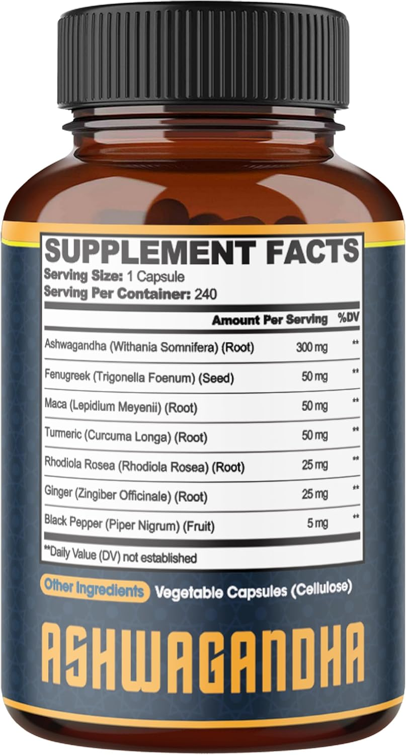 240 Capsules - 8 Month Supply - Ashwagandha Supplement - 7In1 Combined Fenugreek, Maca, Turmeric, Rhodiola, Ginger & Black Pepper