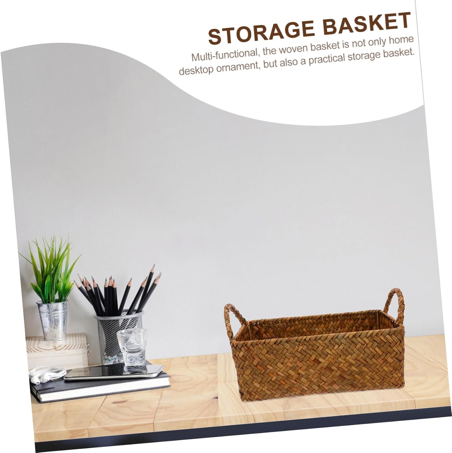 KOMBIUDA Mini Foldable Rattan Woven Basket Double Handle Snack Storage Rectangular Desktop Bread Holder Kitchen and Home Supplies