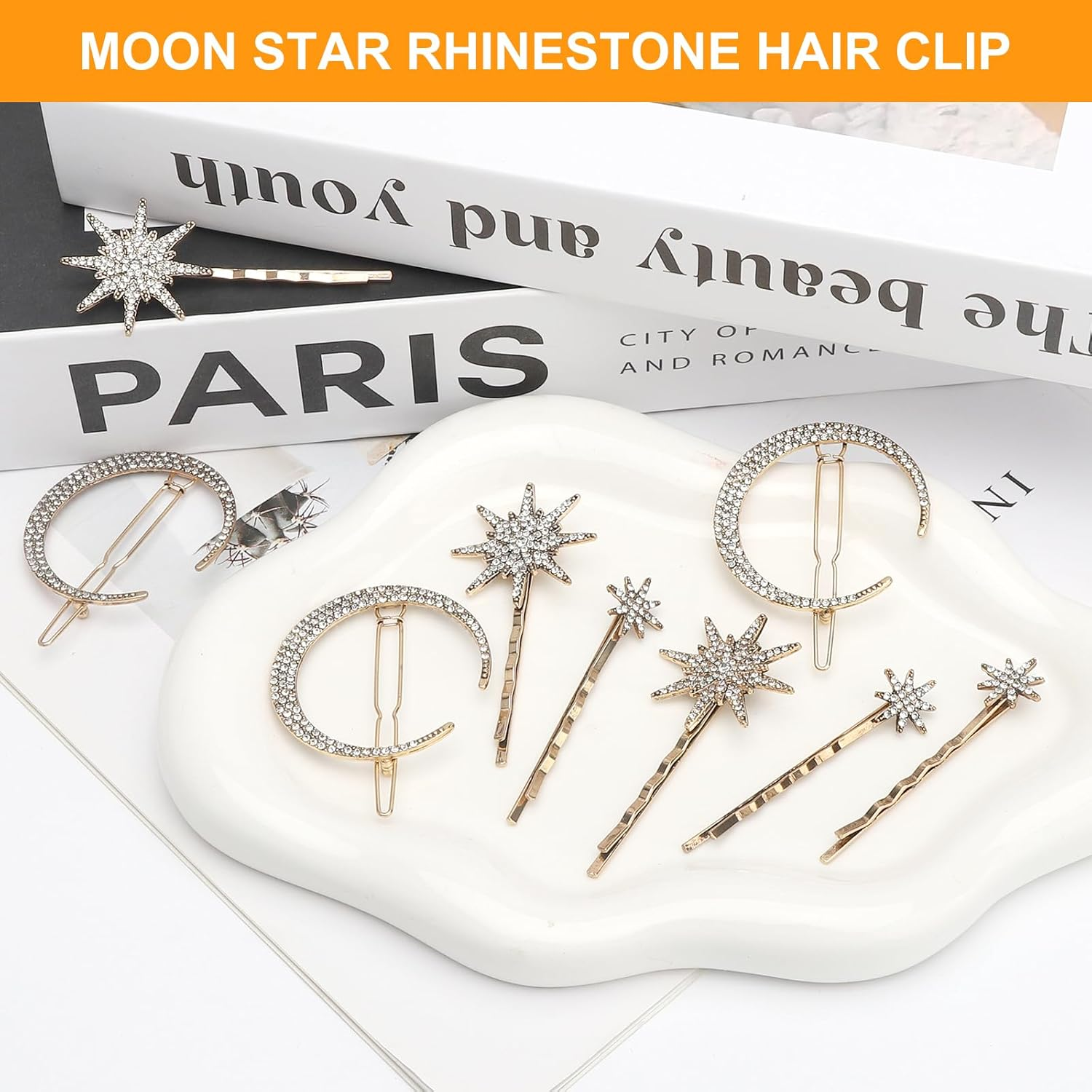 APOMOONS Pack of 6 Star Metal Hair Clips Girls, Star Moon Metal Hair Clips with Rhinestones, Hair Pins for Bride and Wedding, Hair Accessories for Women and Girls (Gold) image number 5