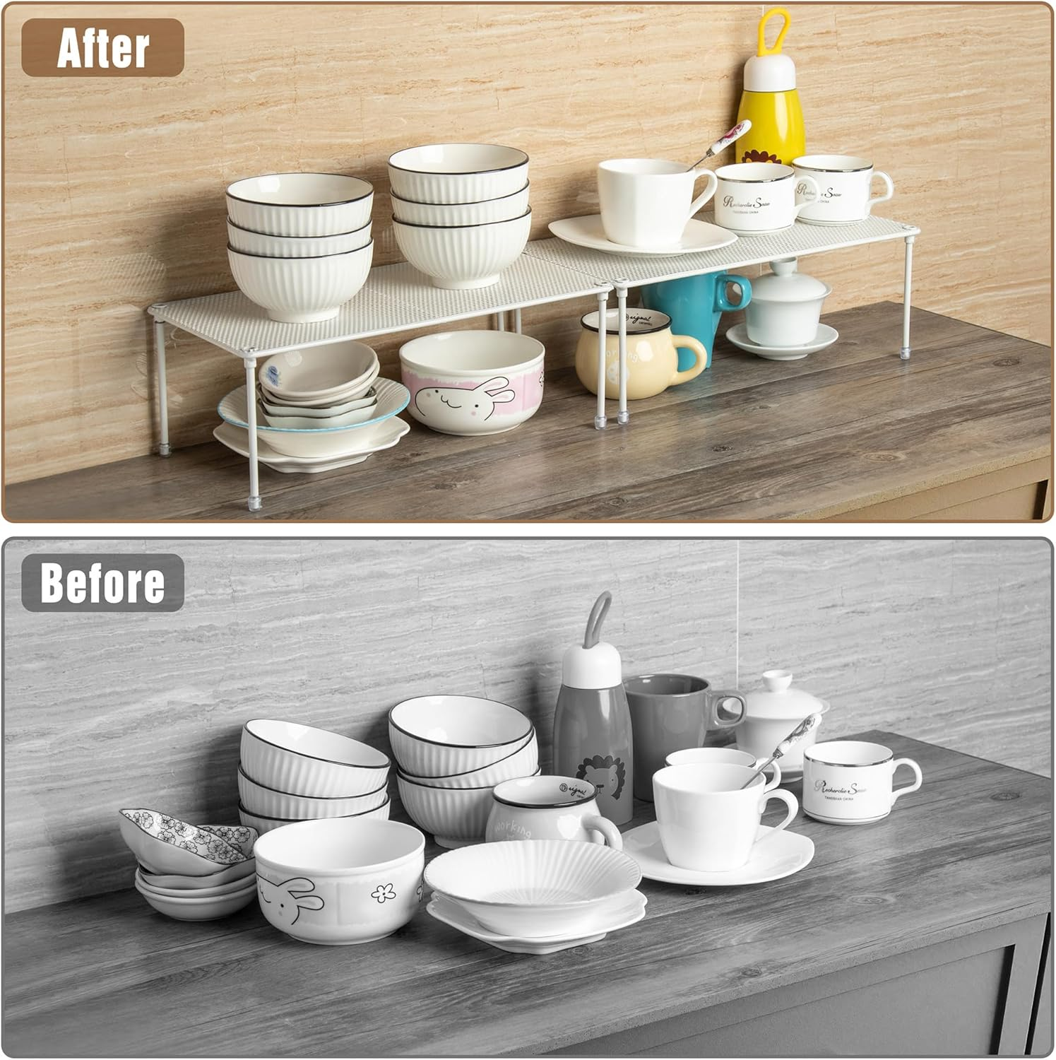 QIWODE Kitchen Cupboard Organiser, Spice Rack, Stackable Shelf, Space Divider Unit, Storage Stand for Kitchen, Pantry, Cabinet, Desktop, Countertop, White image number 1