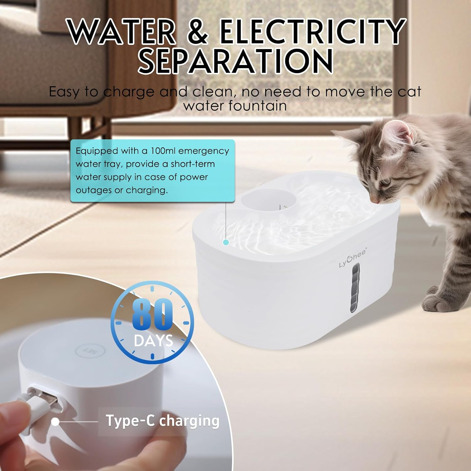 Lychee Wireless Cat Water Fountain, Silent Pump Pet Fountain with Motion Sensor, Pet Supplies, 2.5L/84Oz Battery Powered Water Dispenser with 4 Filter, Electricity Separated Design, Easy to Clean