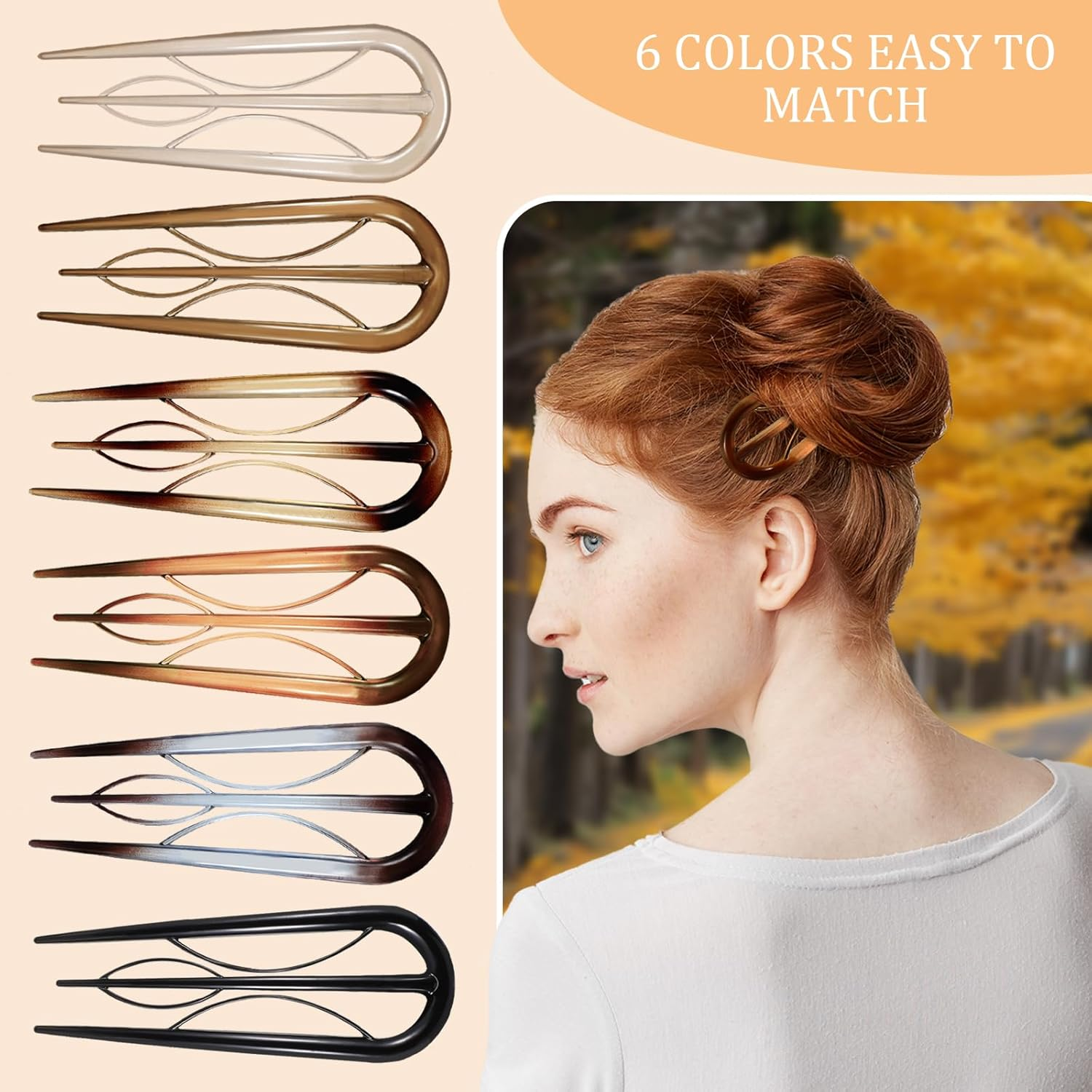 Pack of 6 U-Shaped Hair Pins, French Hair Clips, Large Resin Double Insert U-Shaped Hair Clips, Vintage Hairpin Clip for Women Styling Hair Accessories, Christmas Gifts, Hair Styling Aids image number 2