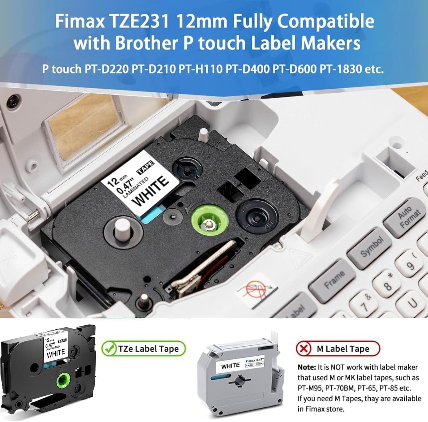 Fimax 4 Packs Tz-231 Tze-231 Label Tape Compatible for Brother P Touch Label Refills, Black on White 0.47'' X 26.2Ft (12Mm/8M),Replacement for Brother Label Maker PT-H105 PT-H107B PT-P300BT image number 2