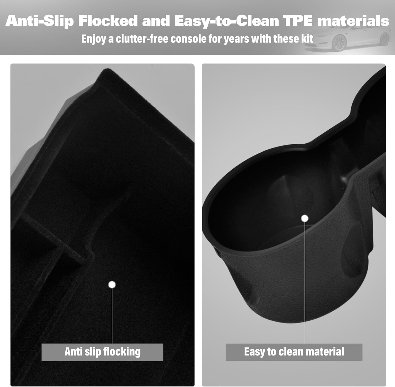 (3 PCS) Center Console Organizer Tray Designed for Latest 2023 2022 2021 Tesla Model 3 Y Accessories, Flocked Front Rear Storage Box with Silicone Cup Holder Insert image number 4