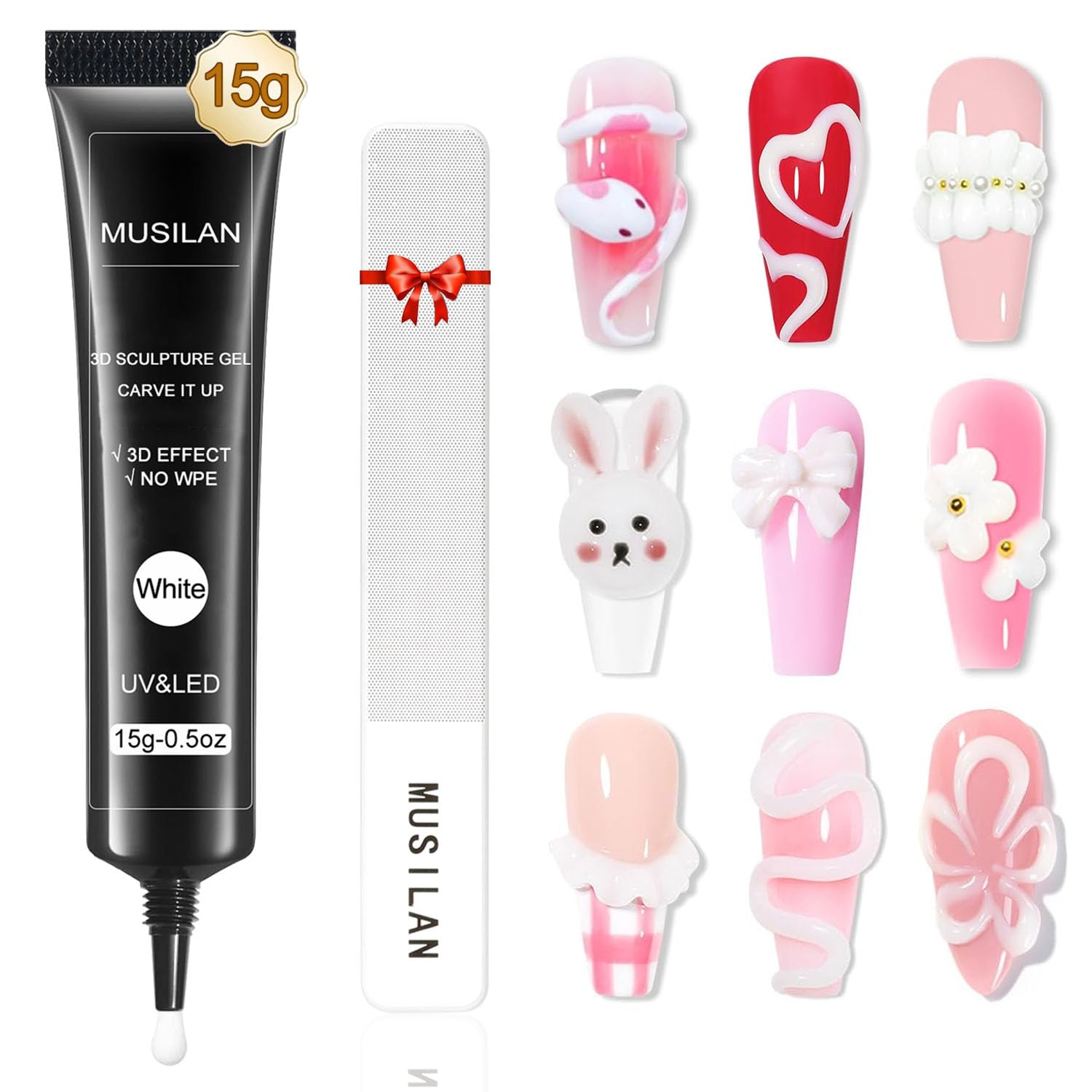 MUSILAN 3D Nail Art Sculpting Gel Glue for Nails Tips,Molding, Drawing, Nail Charms & Gems, Chrome Powder and Rhinestone Design No Wipe,Uv Curing Needed Salon & DIY Use (White Sculpting Gel) image number 1