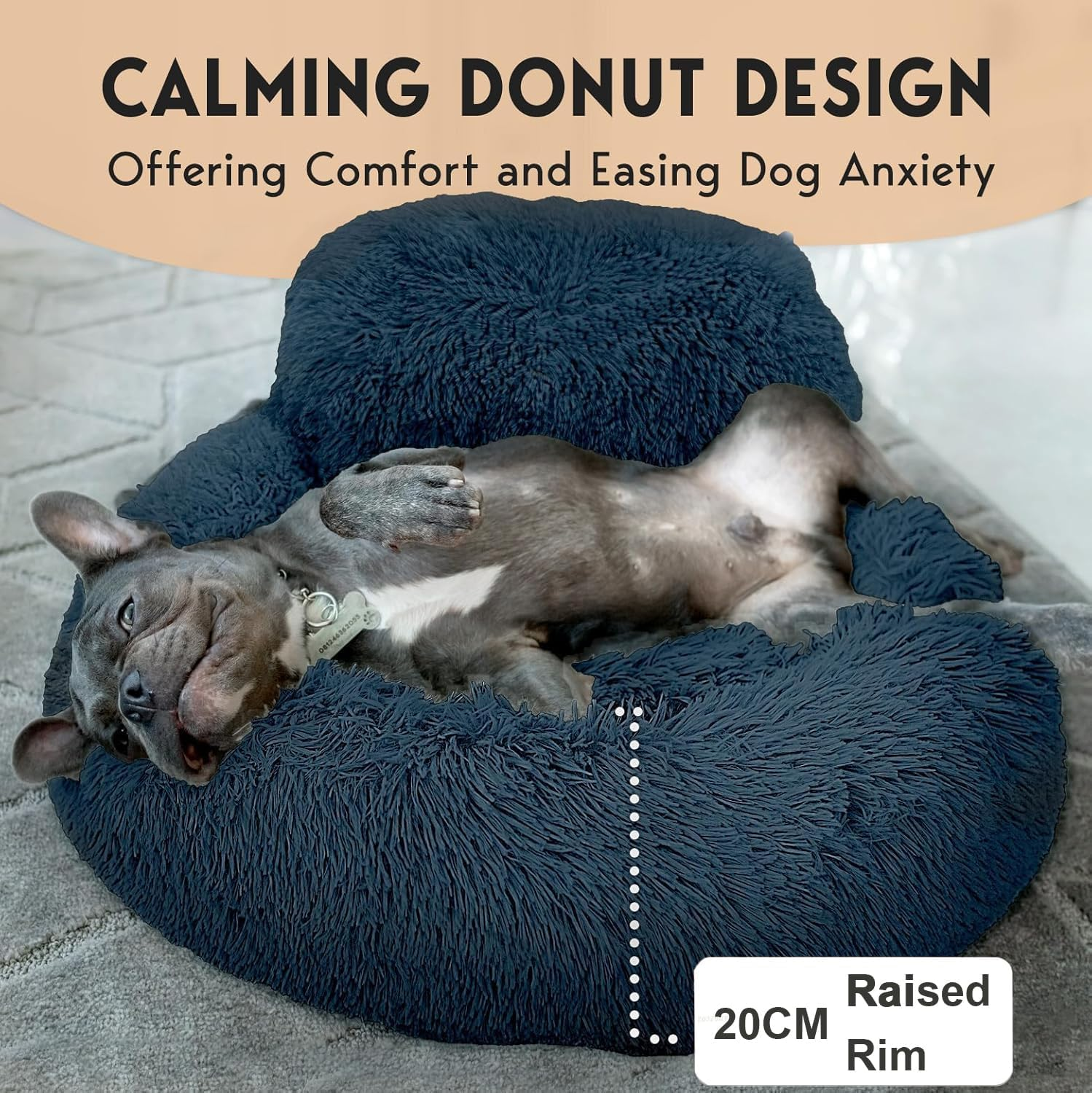 Calming Dog Bed - Donut Dog Beds for Small, Medium, Large Dogs, Washable round Dog Bed- Fluffy Plush Faux Fur Pet Bed, Anti-Anxiety Puppy Bed, 90Cm Fits up to 45Kg Pets (Dark Gray, S-60CM) - Beige image number 6