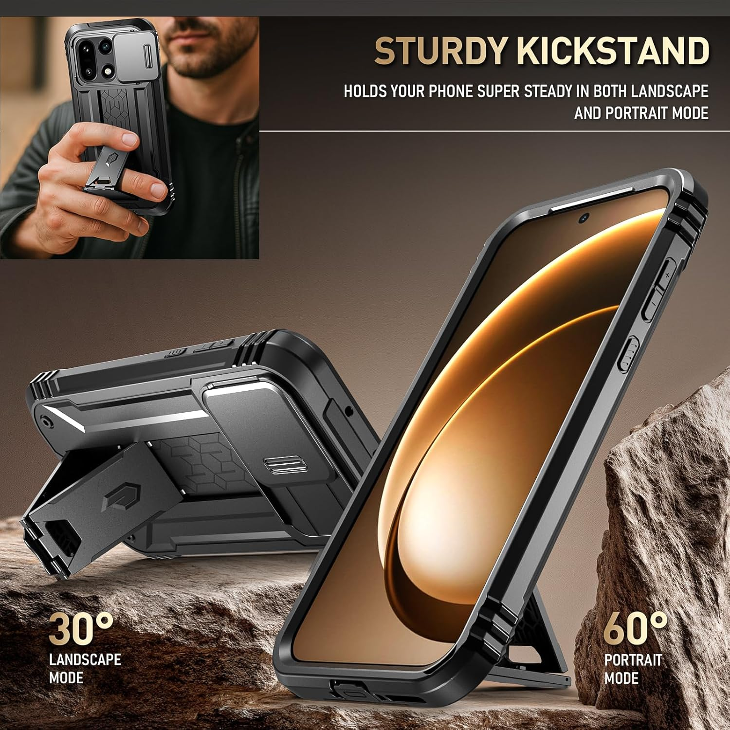 Poetic Revolution Case for Oneplus 15 5G, | Slide Camera Cover | 2 Tempered Glass Screen Protector | 20FT Mil-Grade Drop Tested | Full-Body Rugged Dual-Layer Shockproof Case with Kickstand, Black - Light Blue image number 5